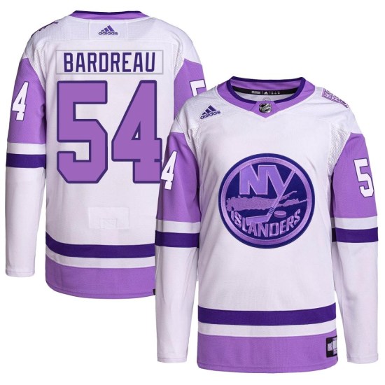 Cole Bardreau New York Islanders Youth Authentic Hockey Fights Cancer Primegreen Adidas Jersey - White/Purple