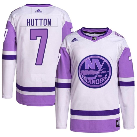 Grant Hutton New York Islanders Youth Authentic Hockey Fights Cancer Primegreen Adidas Jersey - White/Purple