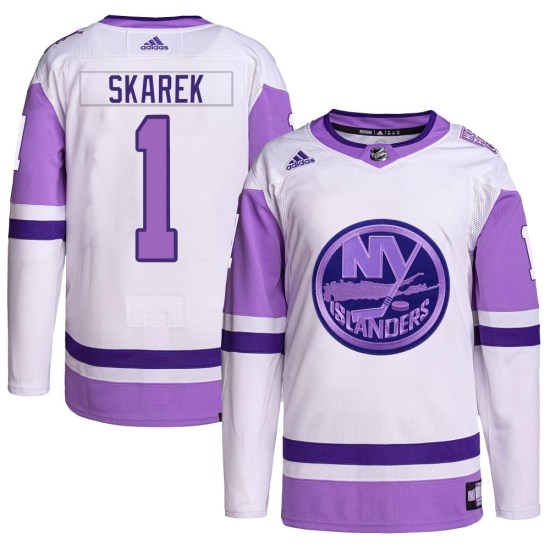 Jakub Skarek New York Islanders Youth Authentic Hockey Fights Cancer Primegreen Adidas Jersey - White/Purple